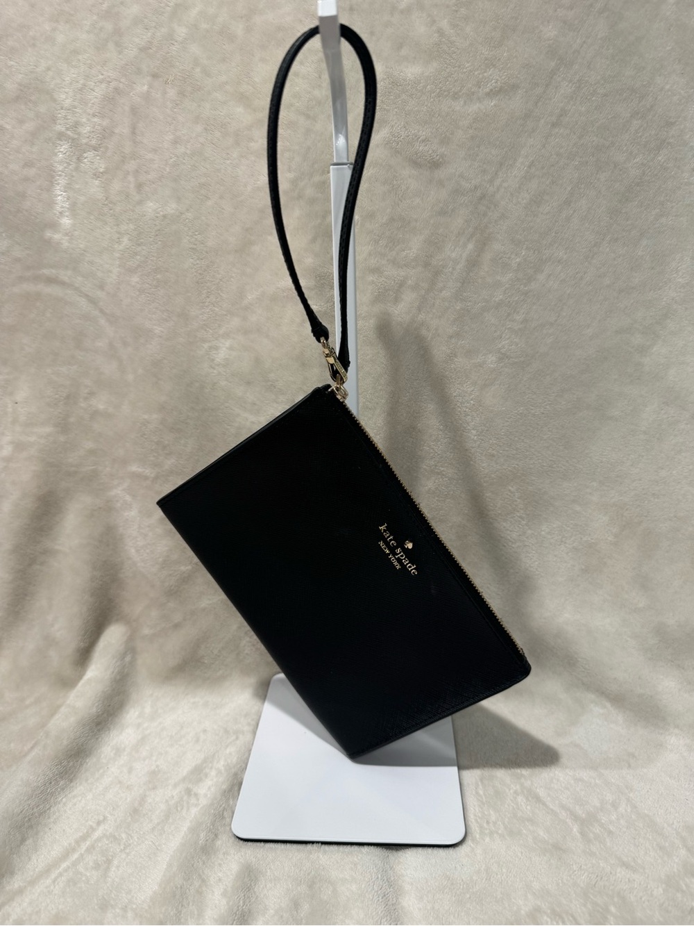 kate spade Madison black leather wristlet clutch with gold logo